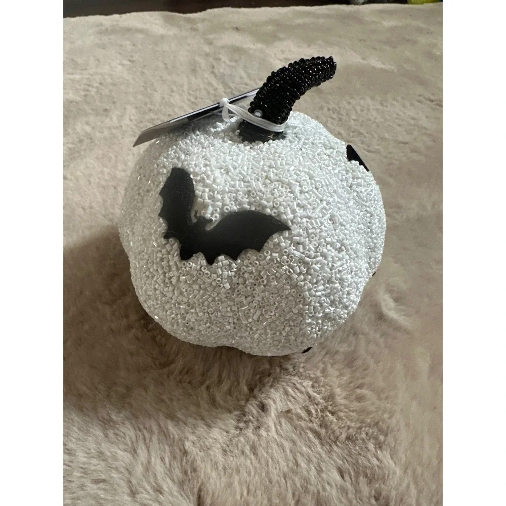 Beaded Halloween Pumpkin Decor White Black Bats Gothic Fall Tabletop Accent NEW